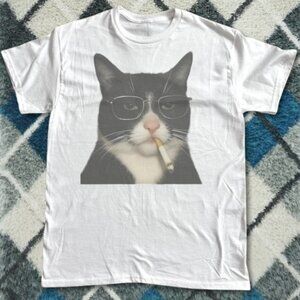 Funny Cool Cat Graphic Tee White Meme Cat Aesthetic Shirt